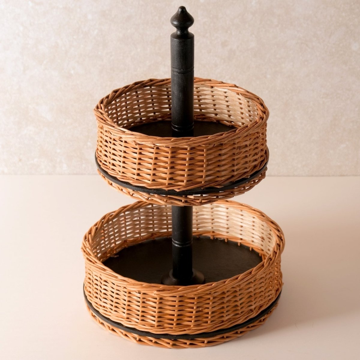 Wicker & Wood Serving Platter With Lid & 2 Tier Collapsable Fruit Basket Combo | Handcrafted in Kashmir