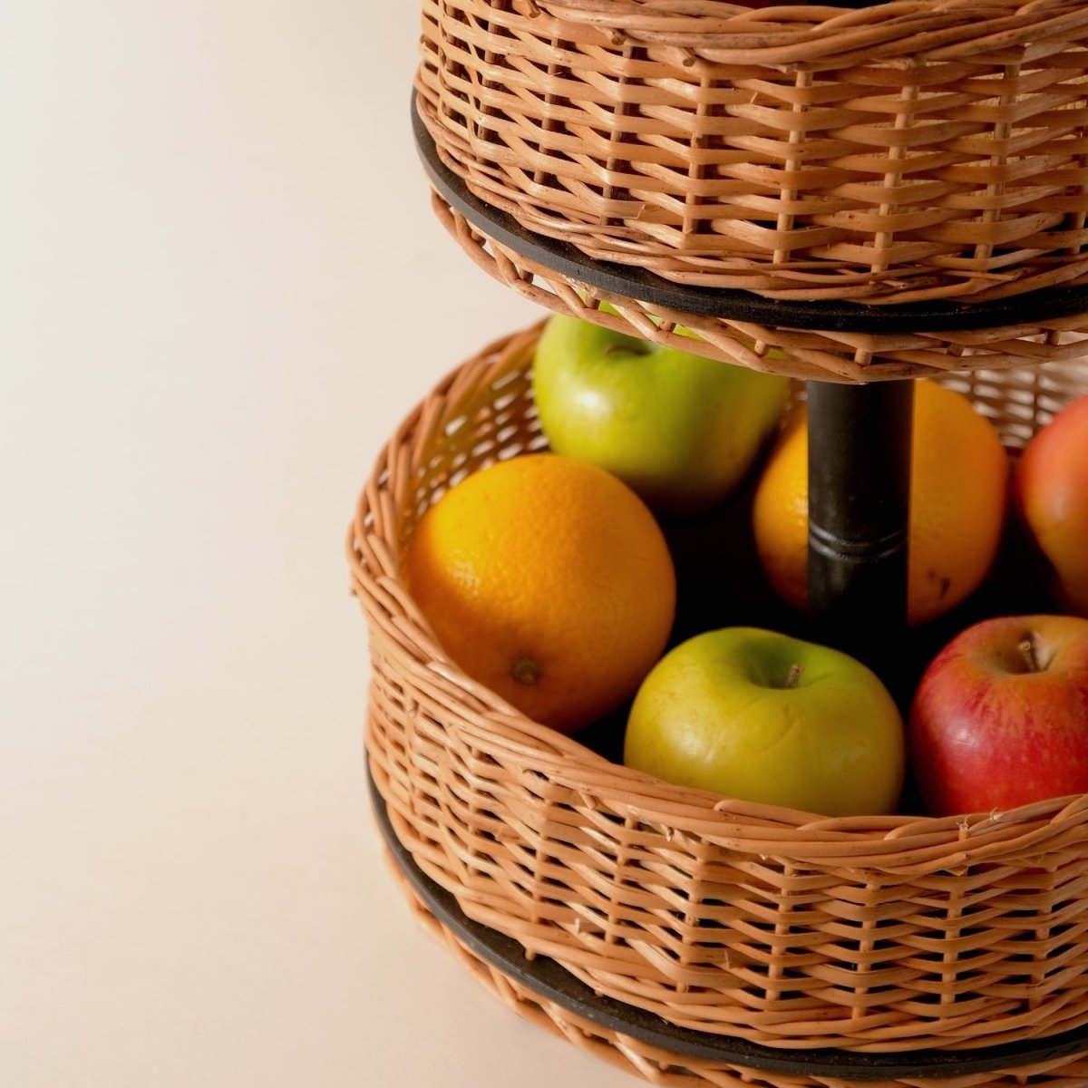 Wicker & Wood Serving Platter With Lid & 2 Tier Collapsable Fruit Basket Combo | Handcrafted in Kashmir