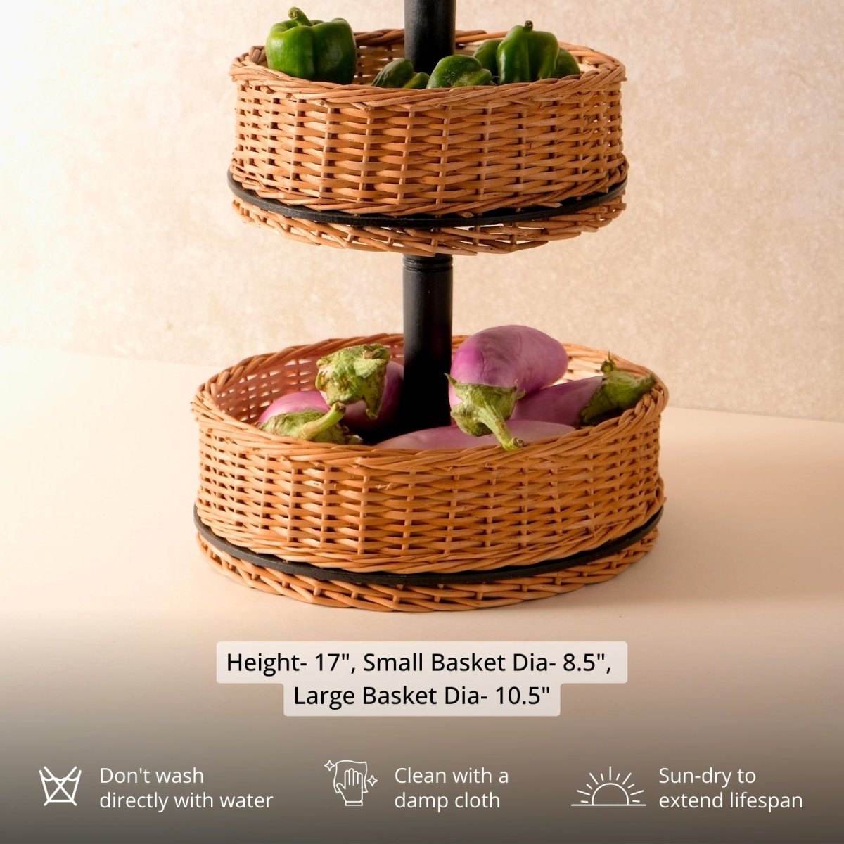 Wicker & Wood Serving Platter With Lid & 2 Tier Collapsable Fruit Basket Combo | Handcrafted in Kashmir