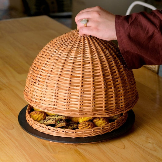 Wicker & Wood Serving Platter With Lid | Handcrafted in Kashmir