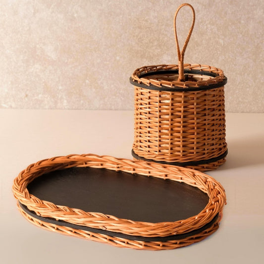 Wicker & Wood Serving Tray & Cutlery Holder Combo | Handcrafted in Kashmir