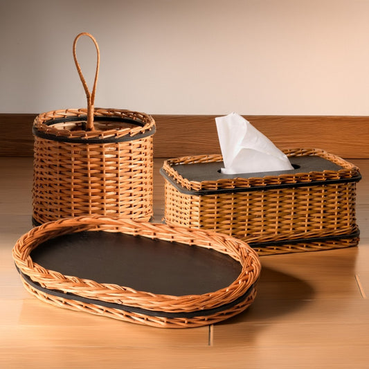 Wicker & Wood Serving Tray, Cutlery Holder & Tissue Box Combo | Handcrafted in Kashmir