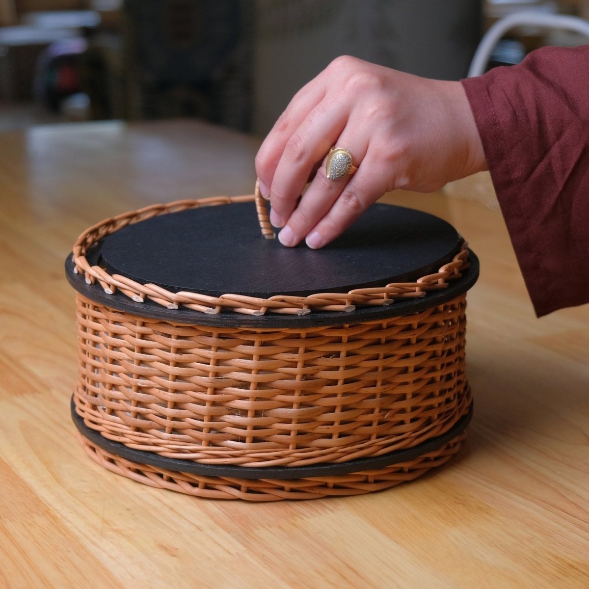 Wicker & Wood Storage Box & Serving Platter With Lid Combo | Handcrafted in Kashmir