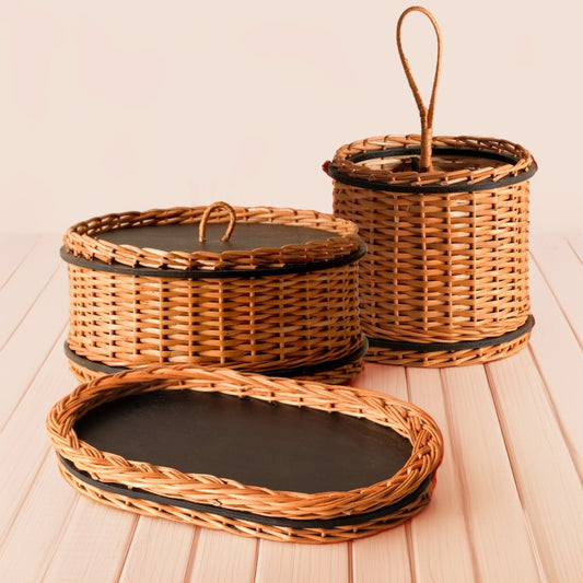 Wicker & Wood Storage Box, Serving Tray & Cutlery Holder Combo | Handcrafted in Kashmir