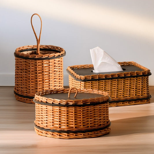 Wicker & Wood Storage Box, Tissue Box & Cutlery Holder Combo | Handcrafted in Kashmir