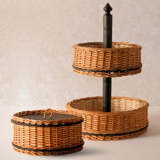 Wicker & Wood Storage Box With Lid & 2 Tier Collasable Fruit Basket Combo | Handcrafted in Kashmir