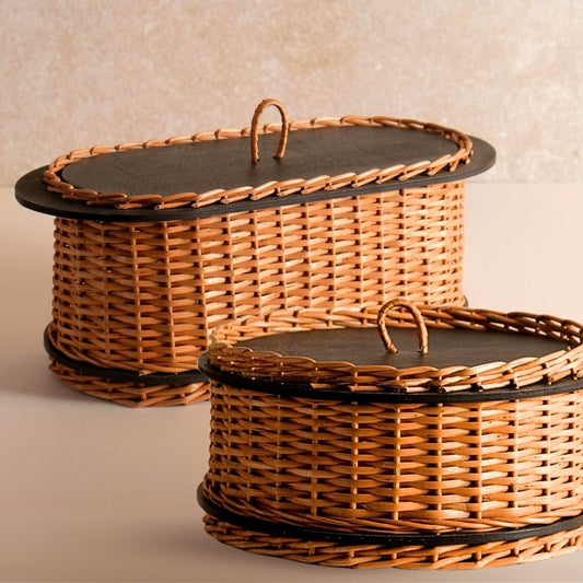 Wicker & Wood Storage Box With Lid & Bread Box Combo | Handcrafted in Kashmir
