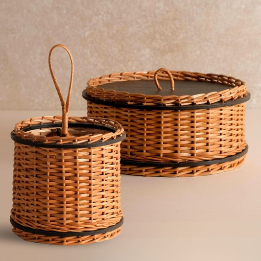 Wicker & Wood Storage Box With Lid & Cutlery Holder Combo | Handcrafted in Kashmir