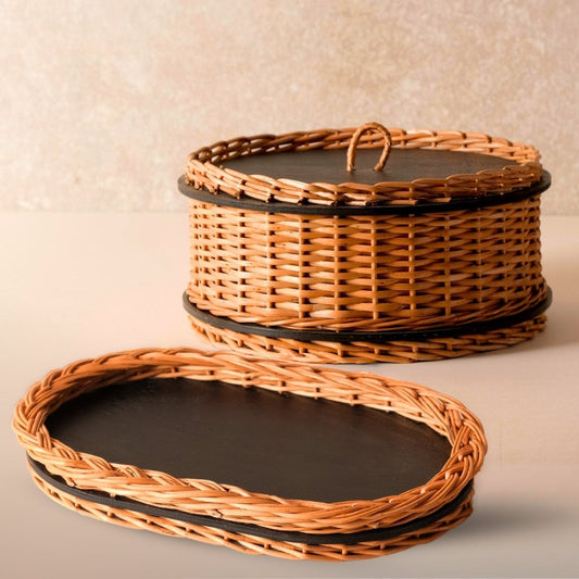 Wicker & Wood Storage Box With Lid & Serving Tray Combo | Handcrafted in Kashmir