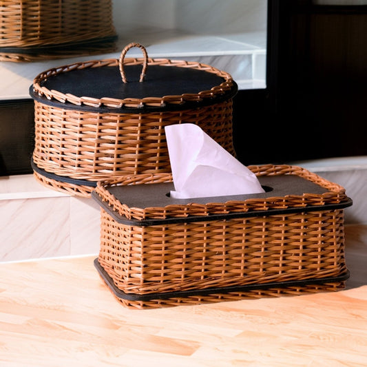 Wicker & Wood Storage Box With Lid & Tissue Box Combo | Handcrafted in Kashmir
