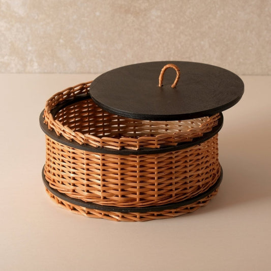 Wicker & Wood Storage Box With Lid | Handcrafted in Kashmir