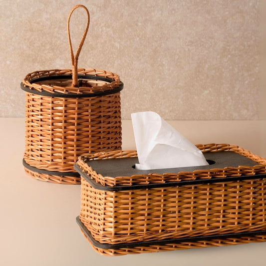 Wicker & Wood Tissue Box & Cutlery Holder Combo | Handcrafted in Kashmir